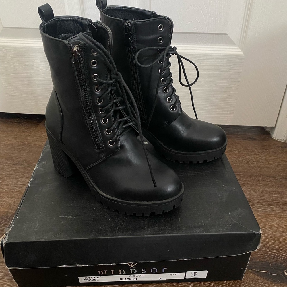Black Lace-Up Block Heel Combat Boots